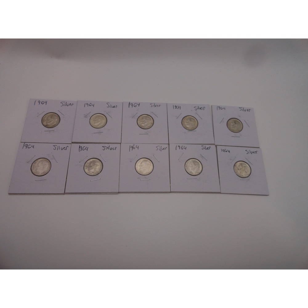 1964 Roosevelt Silver Dimes Lot of 10 90% Silver US Coins in Flips